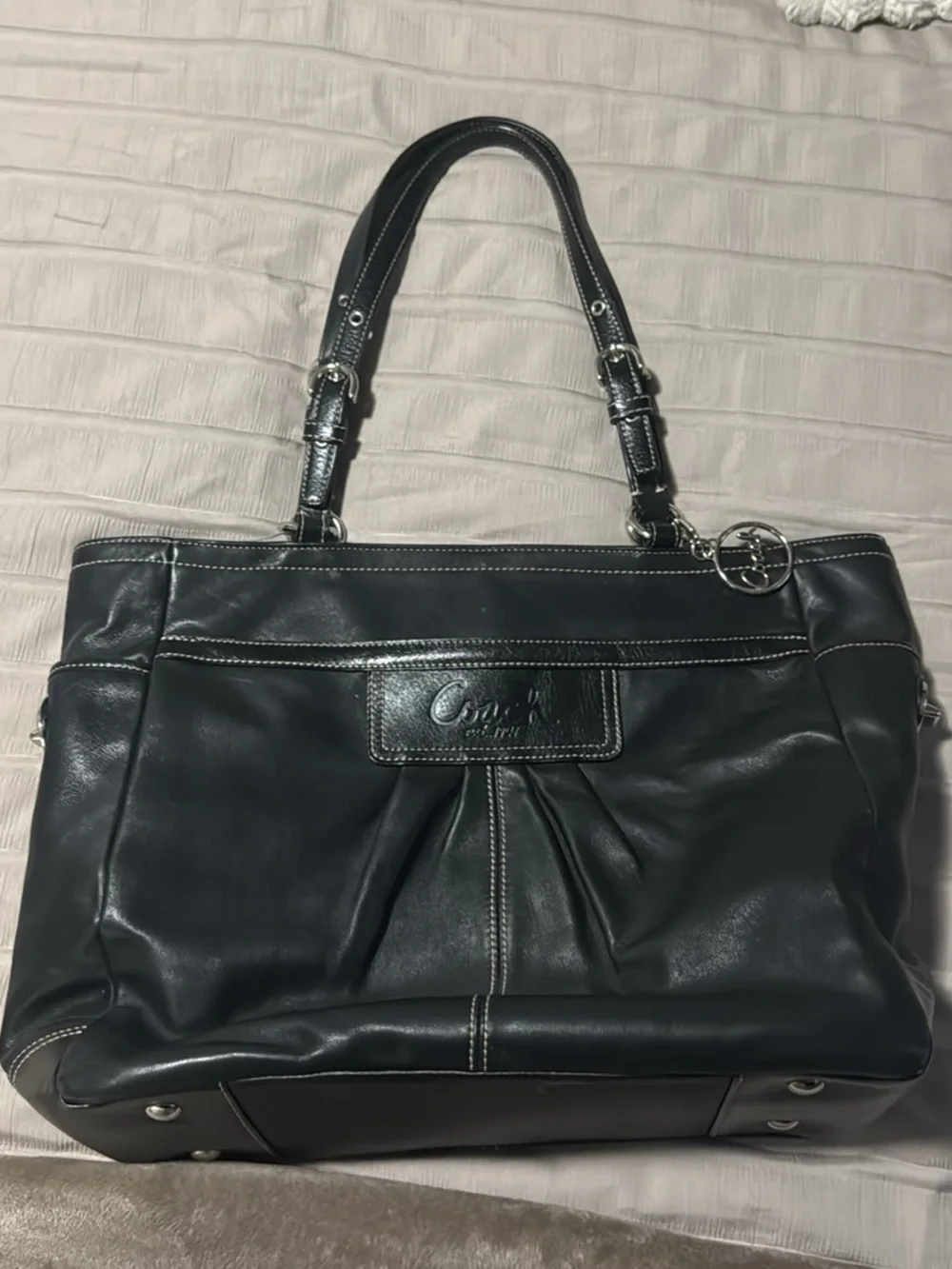 Coach Black Leather Shoulder Bag with Contrast Stitching